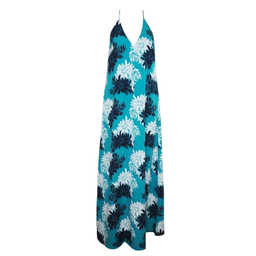 Ann Taylor LOFT 2P Maxi Dress Swing Turquoise Floral Navy Blue White Halter Long